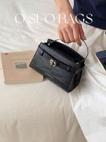 Fashionable Retro Patchwork PU Leather Handbag, Adjustable Shoulder Strap, Decorative Hardware, Magnetic Closure, Multifunctional Commuter Bag For Women - Black - View 6