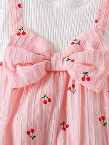 1 pieza Mono de manga corta con estampado de cerezas lindo para bebé niña, estilo Mori ligero para primavera/otoño - Rosa - Ver 6