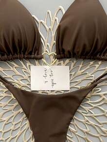 Bộ bikini nữ gợi cảm hở lưng, buộc dây phía trước, đính vòng kim loại, màu trơn, thích hợp cho kỳ nghỉ hè ở bãi biển. - Cà phê nâu - Xem 5