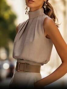 Áo kiểu cổ cao xếp ly thanh lịch, không tay dành cho nữ, thích hợp mặc đi làm mùa hè. - Màu Khaki - Xem 4