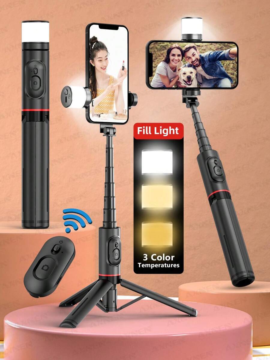 3-In-1 Selfie Stick With Curved Fill Light And Tripod - Portable Design With Wireless Remote, Compatible With All Smartphones (IOS And Android)