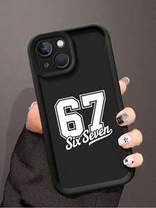 Fashionable, Popular, Personalized, Varsity Number 67 "Six Seven" Typography Pattern Design Theme Luxury Shockproof Aesthetic Cute Phone Case, Soft-Touch Ultimate Grip, Waterproof & Durable, Dirt-Resistant, Bumper Cover With Camera Protection, Compatible With IPhone - Black - View 2