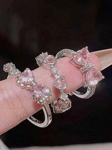 3pcs/Set Girls Y2K Style Butterfly, Heart & Rhinestone Decor Ring Set - Perfect For Dates, Parties, Valentine's Day Gifts Or Daily Wear - Hồng - Xem 8