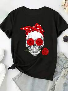 Women's Plus Size Skull & Roses Print T-Shirt - Stretchy Polyester Casual Short Sleeve Top With Polka Dot Bandana Design, Relaxed Fit Round Neck Streetwear For Spring/Summer, Spring Summer Apparel, Comfortable Clothing - 黑色 - 查看 1