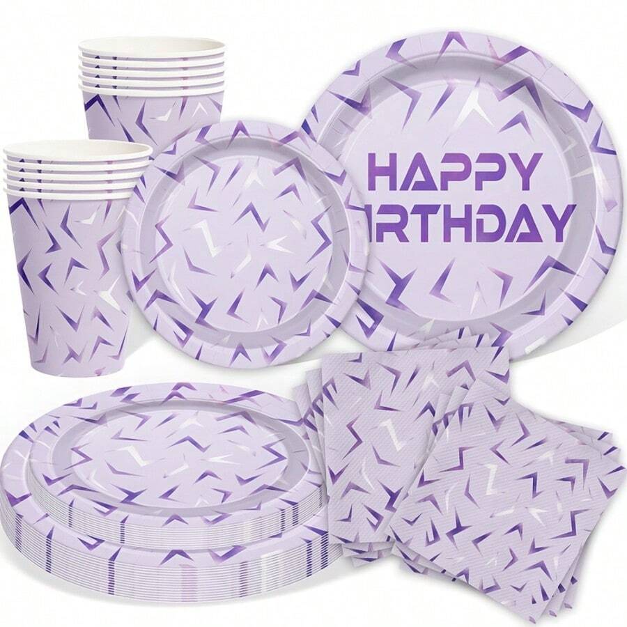 10/20/50/80pcs,Kpop Lavender Purple Lightning Happy Birthday Disposable Tableware, Purple Laser Energy Pattern Geometric Thunder Print 7inch & 9inch Paper Plates,Cups And Napkins For Purple Theme Birthday Party Supplies - Multicolor - View 1