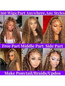 ZHENDEFA 360 Degree Water Wave Invisible Lace Front Wig, 200% Human Hair Density, Honey Blonde Curly Hair, Ombre 4/27 Highlighted Bangs, Wet Look Fluffy Curly Wig For Women - S4/27 - View 4