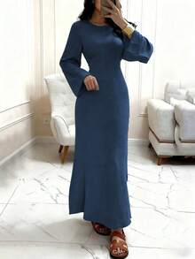 Robe midi unie élégante à col rond, taille froncée, manches longues évasées avec détail de bordure, robe fluide pour femmes, décontractée et bureau - Bleu marine - Voir 6