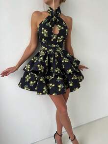 Women's Lemon Print Sexy Cute Elegant Criss-Cross Backless Mini Dress, Suitable For Daily Wear, Dating, Commuting, Holidays, Parties, Street Photography And Various Occasions - Black - View 9