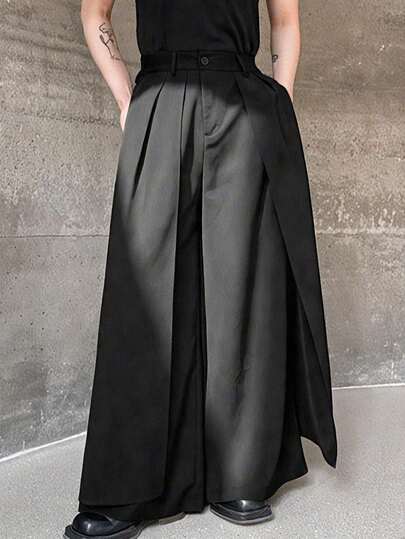 INCERUN Fashion Mens Zipper Wide-Leg Wrap Layered Bottoms Palazzo Long Pants Loose Culottes Trousers