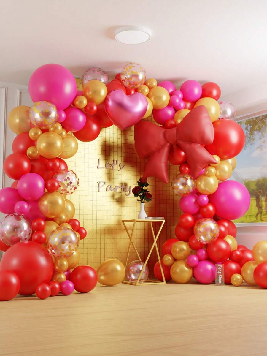 189pcs Red Hot Pink Gold Party Balloons, 18inch Heart Shape Balloons 38inch Bow Foil Mylar Balloons, 5/10/18 Inch Red Hot Pink Pearlescent Gold Balloons And 12inch Gold Pink Confetti Balloons, Premium Thick Latex Balloons For Valentine's Day Wedding Anniversary Birthday Bridal Shower Mother's Day Graduation Gender Reveal Party Decorations