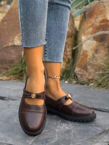 2026 Spring French Bow Shallow Mary Jane Shoes For Women, Black Chunky Heel Flats, Loafers - Brown - View 4