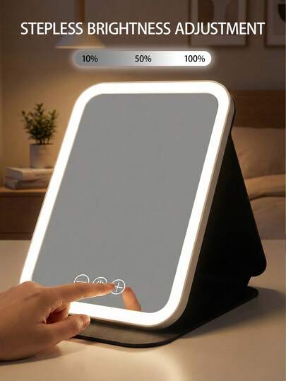 LED化妆镜，可折叠桌面化妆镜带灯（电池容量：350mAh），3种照明模式，桌面化妆镜，USB充电式带灯化妆镜，旅行化妆镜，耐用PU皮革，便携式梳妆镜，适合学生宿舍、办公桌，最佳生日毕业礼物家居装饰