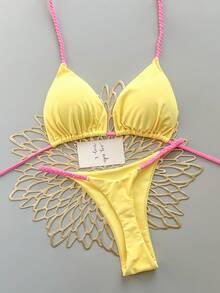 2pcs Bohemian Leopard Print Casual Cute Elegant Sexy Tie-Dye Crochet Contrast Trim Bikini Swimsuit, Beach Holiday, Spring/Summer - Yellow - View 2