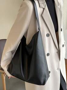 Black Retro Fashion New Casual Women Tote Bag, Large Capacity Soft Leather PU Leather Shoulder Bag, Suitable For Daily Use, Commuting, College/University Students - Black - View 8