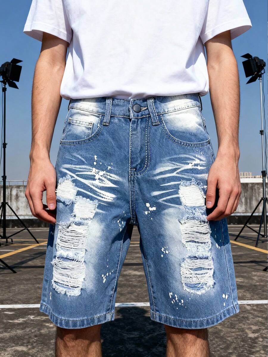 Quần short denim rách rưới họa tiết vẩy sơn dành cho thiếu niên nam - Rửa nhẹ - Xem 1