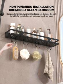 1pc Multifunctional Bathroom Rack, No Drilling Bathroom Shelf With Hooks, Wall-Mounted Storage Rack, Suitable For Shower Gel, Cosmetics, Bathroom Accessories, Bathroom Organizer - Multicolor - View 5