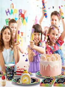 10pcs Glow Party Supplies Set, Including Disposable Paper Plates, Cups, Napkins, Suitable For Birthday, Baby Shower And Other Neon Theme Decorations - Multicolor - View 3
