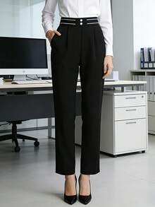 HOMEYEE Quần tây nữ thời trang phối sọc tương phản, có túi cài khuy, thích hợp cho công sở và đi làm. - màu đen - Xem 1