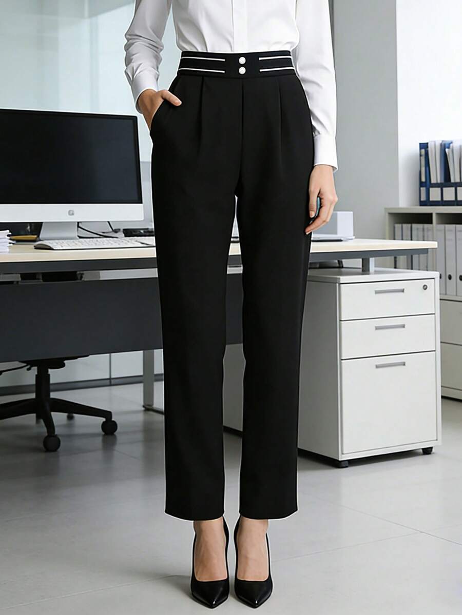 HOMEYEE Quần tây nữ thời trang phối sọc tương phản, có túi cài khuy, thích hợp cho công sở và đi làm. - màu đen - Xem 1