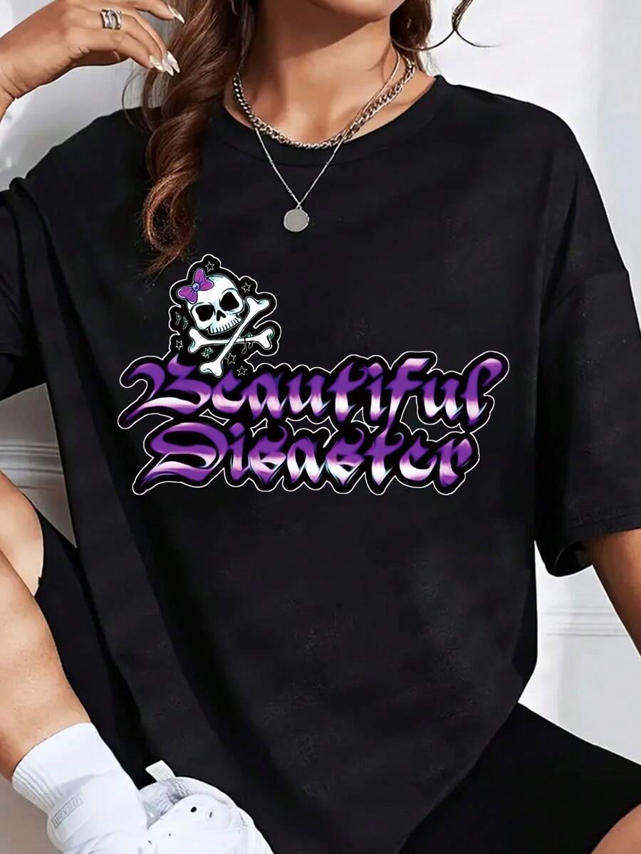 Beautiful Disaster Skull Graphic Oversized T-Shirt Women Fashion Statement Shirt Streetwear Top Casual Wear Party Outfit, It Is A Perfect T-Shirt To Give To Friends And Family On Any Holiday Or Festive Occasion, 220g - 黑色 - 查看 1