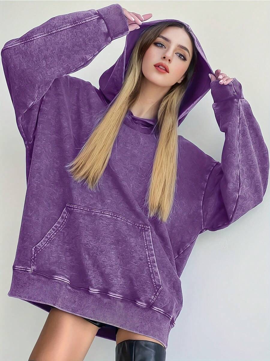 Women's Oversized Unisex Retro Acid-Wash Hooded Sweatshirt - Heavy-Duty Couple Matching Streetwear Pullover With Pocket, X-Line Fit (Plus Size), All-Season Casual Hoodie For Men & Women - Christmas Gift - 紫色 - 查看 1