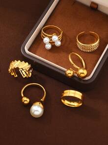 6pcs Elegant Stainless Steel Rings Set For Women, Featuring Faux Pearl & Geometric Elements, Suitable For Daily, Festival, Date, Engagement, Wedding, Gathering Occasions - Gold - View 3