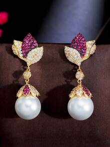 1 Pair Hot Pink CZ Flower & Leaf Long Drop Pearl Dangle Earrings, Gold Plated Cubic Zirconia Jewelry For Brides, Bridesmaids, Engagement Party, Prom, Women, Girlfriends, Wife Gift