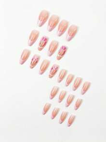 24 片杏仁形亮面法式美甲贴纸，以郁金香和蝴蝶结花束的春季杏仁形设计为特色 - 一套可拆卸的完整女士美甲套装，适合派对、婚礼和日常美甲，杏仁形假指甲的延长件，美甲贴纸套装，亚克力指甲和美甲用品艺术。 - 粉色 - 查看 3