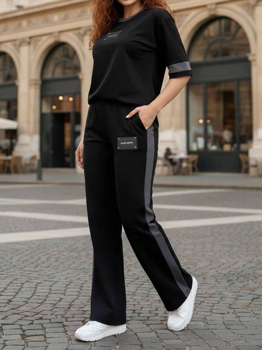 2pcs Women's Spring/Autumn Round Neck Short Sleeve T-Shirt And Elastic Waist Loose Pants Set, Casual Daily Wear - Black - View 1