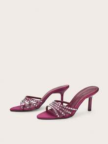 Rhinestone Embellished Peep Toe Stiletto High Heel Sandals, Purple Faux Silk, Suitable For Western Wedding, Party, Banquet - Purple - View 3