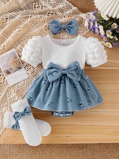 4pcs/Set Baby Girls Elegant Floral Patchwork Dress Set, Includes Bow Headband, Hair Scrunchie And Socks