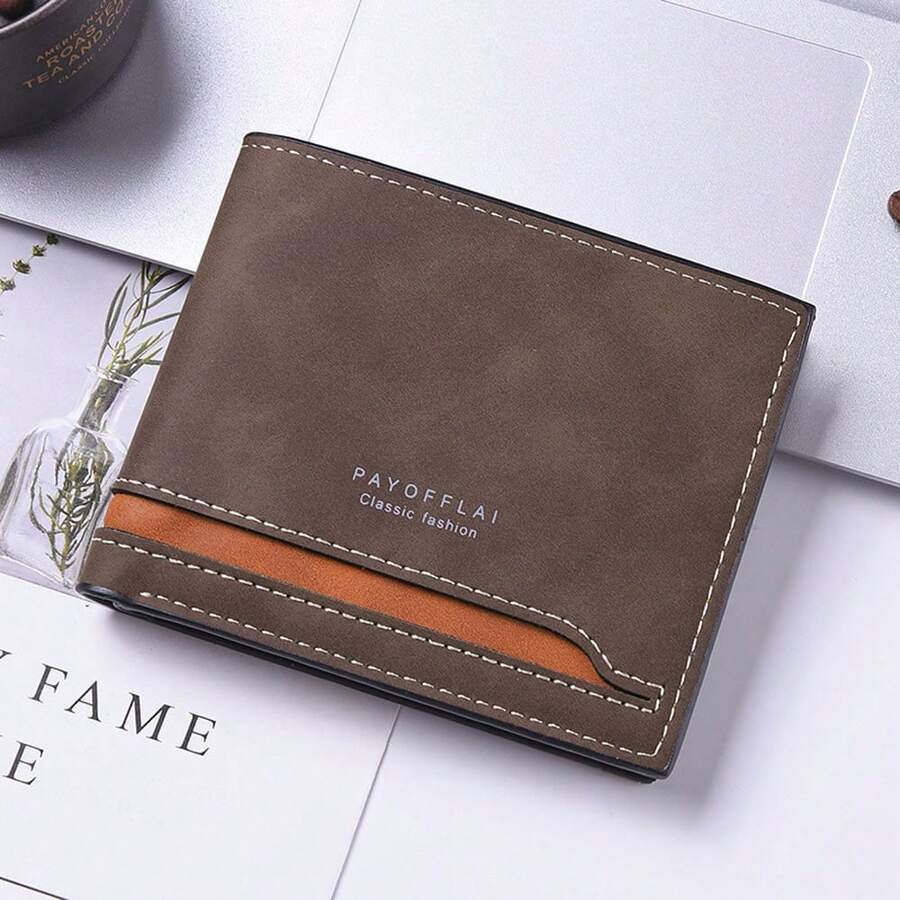 2026 Nouveau portefeuille rétro en tissu mat à patchwork bicolore, porte-cartes horizontal court pour hommes - Bleu azur - Voir 1