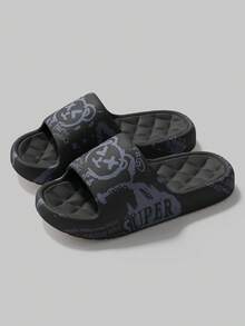 1双轻便2.5厘米厚底休闲印花拖鞋，时尚百搭情侣夏季凉鞋，男女通用透气软底家居拖鞋，适合室内、室外、沙滩、淋浴等场合。 - 黑色"vx熊" - 查看 2