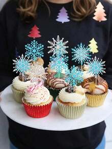 1-12pcs Shiny Snowflake Shaped Cupcake Toppers, Icy Winter Theme Cupcake Decorations, Snowy Wonderland Birthday Cake Decor, Christmas Party Supplies, Blue & Silver - Multicolor - View 9