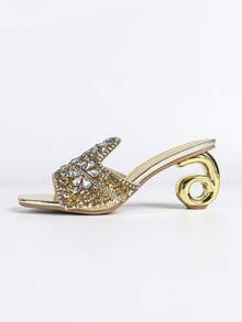 Women's High Heel Sandals, Summer New Rhinestone Decorated Open Toe Backless Sandals, Minimalist Square Toe Slip-On Sandals, Printed/Solid Color Party Preppy Elegant Sexy Sandals, Asymmetric/Irregular Rhinestone Embellished High Heel Sandals For Wedding, Party, Office, Home, Outdoor, Spring/Summer, All Season - Gold - View 5
