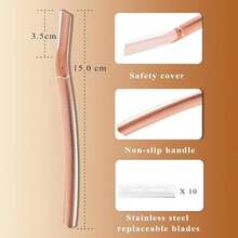 Ruimooto Augenbrauenrasierer mit 10 Stück rostfrei Rasierklingen, Gesichtshaarentferner für Frauen aus Hochwertiger Metall,Augenbrauentrimmer Gesichtsrasierer für Augenbrauen&Pfirsichflaum, Silber-769 - Rosa - Übersicht 4