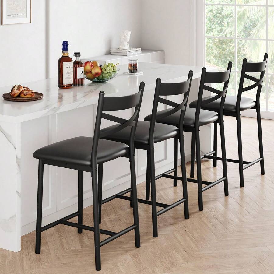 Negro Juego de 4 Taburetes de Bar de 57 cm con Respaldo en X, para Cocina y Barra de Café - Negro - Ver 1