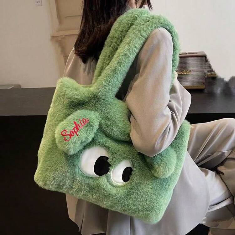 Customized Personalized Name Cartoon Plush Handbag, Large Capacity Crossbody Bag For Women New Autumn/Winter Shoulder Bag Tote Bag, Cute Fluffy Shoulder Bag, New Big Eye Fluffy Commuter Tote Bag Versatile Large Capacity Shoulder Bag, Fashionable Cute Big Eye Cartoon Fluffy Shoulder Bag, Versatile Large Capacity Crossbody Bag For Street Outings - Multicolor - View 2