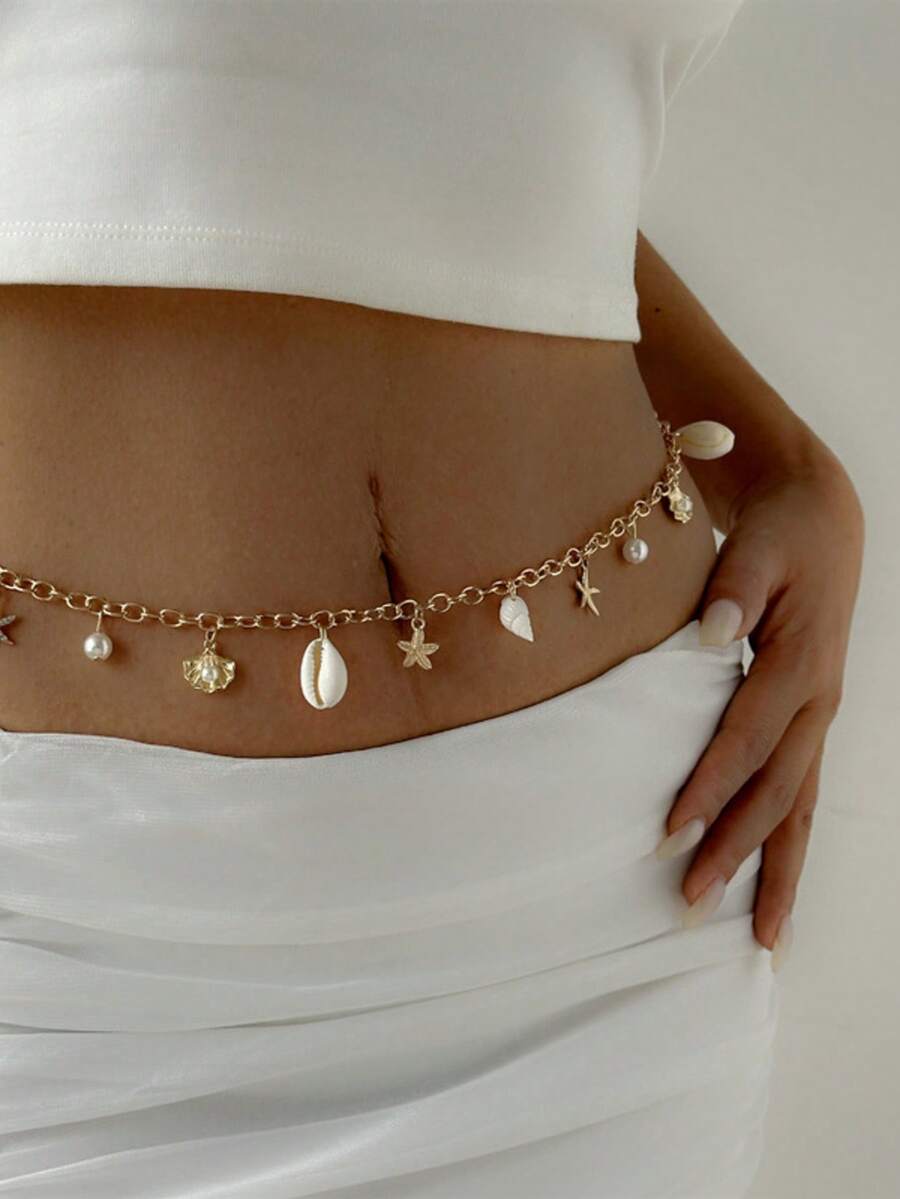 1件波西米亚风个性化INS风格海星、贝壳、扇贝、珍珠腰链，时尚夏季沙滩身体链，适合女性海滩度假 - 金黃色 - 查看 1