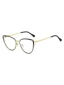1 Pair Women's Black Outlined Cat Eye Metal Frame Vintage Thin Arm Personalized Spring Leg Fashion Glasses - Black Gold - View 3