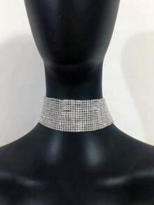1pc 15-Row Silver Choker Necklace, New Fashion Exaggerated Rhinestone Collar Necklace For Women - Silver - View 1