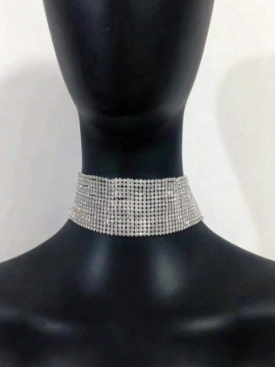 1pc 15-Row Silver Choker Necklace, New Fashion Exaggerated Rhinestone Collar Necklace For Women - Silver - View 1