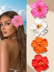 4pcs Hawaii Flower Hair Clips, Suitable For Women, 4 Pieces Artificial Flower Hair Clips, Hibiscus And Lotus Flower Hair Clips, Suitable For Beach Party, Tropical Flower Hair Accessories For Summer, Great Gift For Girls ,Flat Claw Clip, Hair Slide, Hair Claws, School Stuff - 彩色 - 查看 13