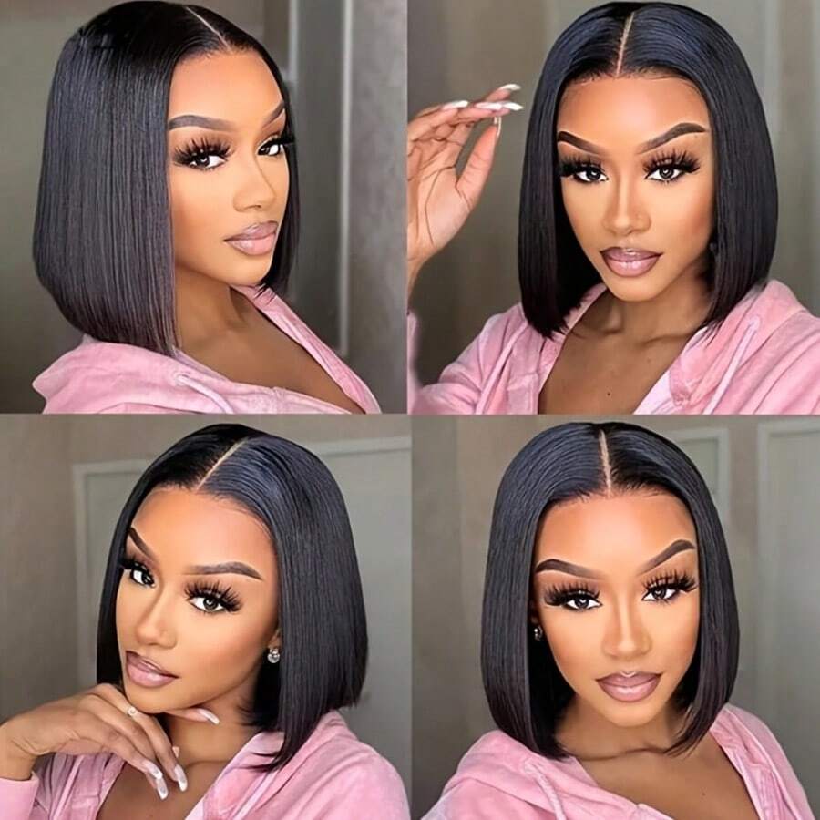 NATAN Elegant 12-Inch Black Bobo Wig For Women - Straight Heat Resistant Synthetic Fiber, Middle Part, No Bangs - Ideal For Daily Wear & Cosplay, Anime Theme, Buckle Net Cap - Natural & Black - View 1