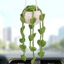 Crochet Plant Hanging Basket For Car Rear View Mirror Decor, Polyester, Light Green, Durable, Handmade, Cute Interior Aesthetic, Gift For Women - 粉紅色 - 查看 14