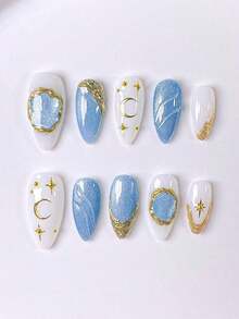 10pcs Handmade Press-On Nail Strips, Short Nails, Fake Nails, Almond Shape Nails, French Manicure Nail Strips, Gold Nails, White Nails, Pink Nails, Cute Nails, Cat Eye Nails, Elegant Luxury Style, Gold Cat Eye Ombre, Hand-Painted 3D Golden Line Diamond Tulip, Nail Jewelry Decor, Reusable, Suitable For Women And Girls Almond Shaped Nail Strips. - 淺藍色 - 查看 7