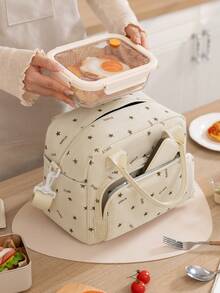 1pc New Cherry Print/Brown Leopard Print Insulated Lunch Bag With Shoulder Strap, Japanese Style Handbag, Bento Bag With Pocket - Multicolor - View 5