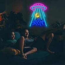 Alien Spaceship LED Neon Sign - USB-Powered Wall-Mounted UFO Light With Vibrant Green & Blue Colors, Durable Plastic Construction For Bedroom, Game Room, Beer Bar, Nightclub & Party Decor, Astronaut Decor, Quirky Lighting Solution, Wallmounted Design - Multicolor - View 9