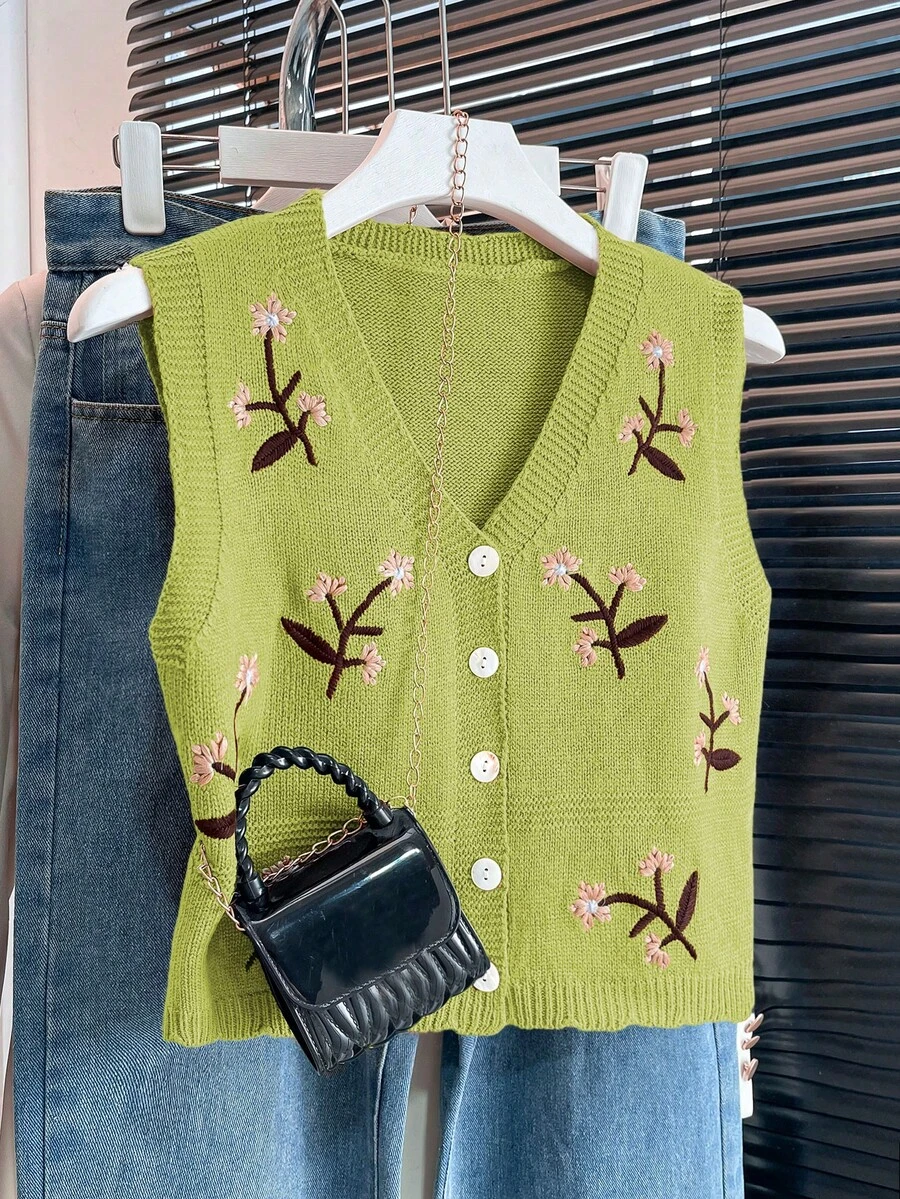 V-Neck Contrast Color Floral Embroidery Single-Breasted Casual Knit Vest, Spring/Summer - Lime Green - View 1