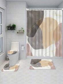 1/4 Piece Bathroom Curtain Set, Includes Shower Curtain, Bath Mat, Toilet Lid Cover And 12 Hooks - Abstract Block Anti-Slip Design - Polyester Fabric - Perfect Housewarming Gift - Multicolor - View 22
